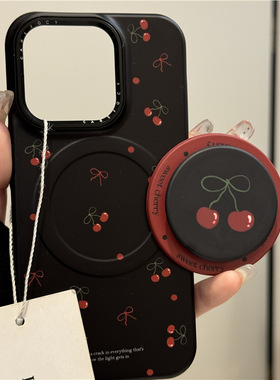 苹果手机壳新款黑底波点樱桃黑猫适用ihone16promax手机壳防摔可爱苹果15pro手机套小众14/13pm磁吸支架挂绳