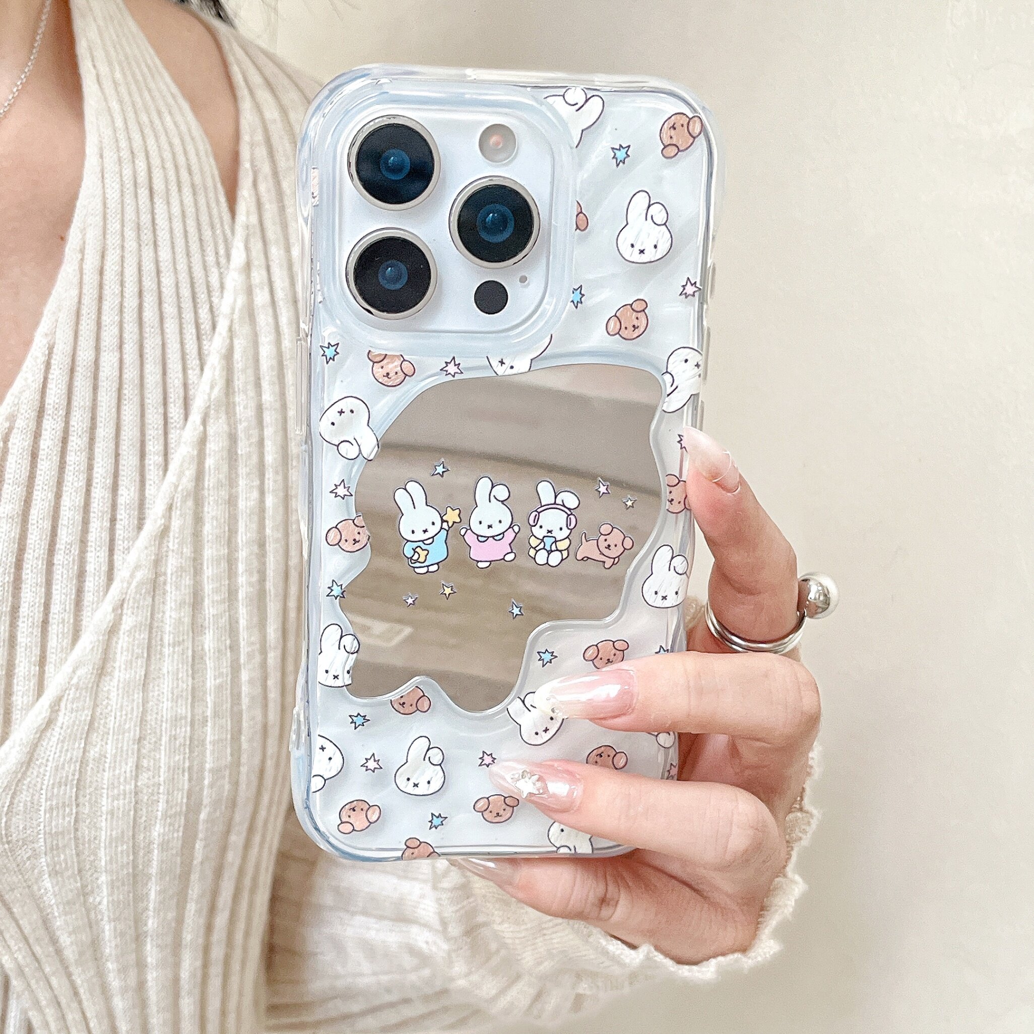 苹果手机壳新款电镀银波浪镜子适用iPhone17promax防摔保护套苹果16pro高级感透明平铺兔子小熊15pm少女心软
