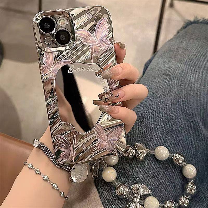 苹果手机壳ins粉色蝴蝶电镀银镜面手链适用苹果15promax手机壳iphone14promax补妆新款13pro防摔小众16plus女