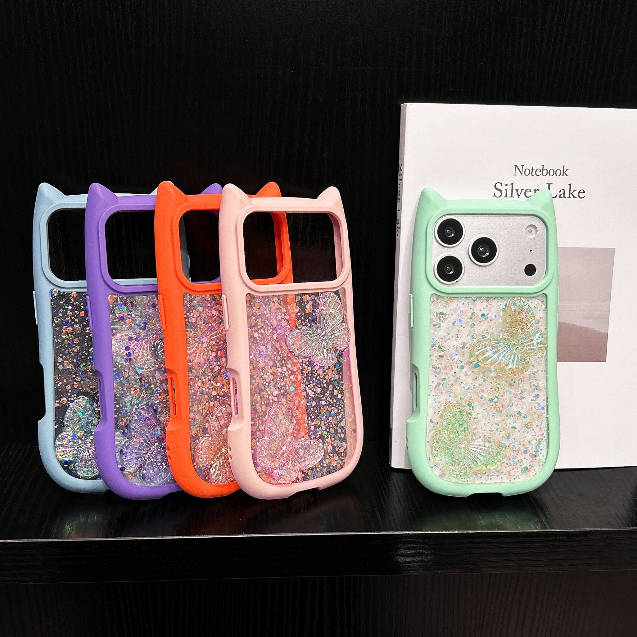 日本DEMIU流沙闪粉蝴蝶适用苹果17promax手机壳新款iphone16pro高级感透明15创意14全包防摔13少女简约高级感