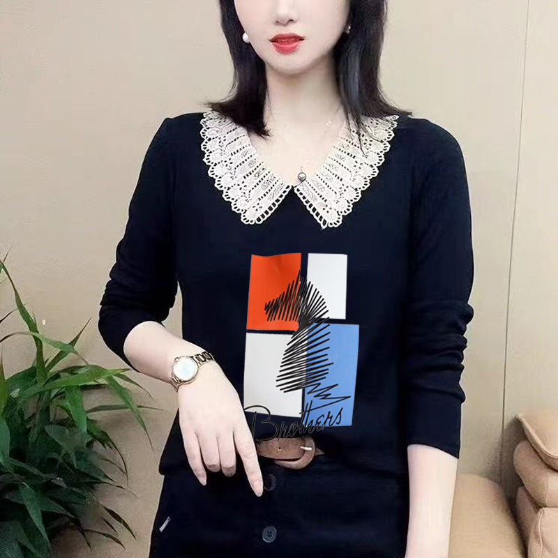 花边领长袖T恤女宽松新款拼接显瘦韩版百搭底衫遮肉设计感上衣