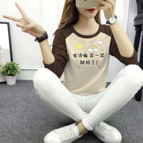 2024年春秋季新款显瘦洋气百搭印花拼接宽松长袖T恤ins插肩上衣女