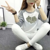 百搭洋气长袖 印花拼接上衣女春秋季 t恤 时尚 宽松薄款 2024新款 韩版