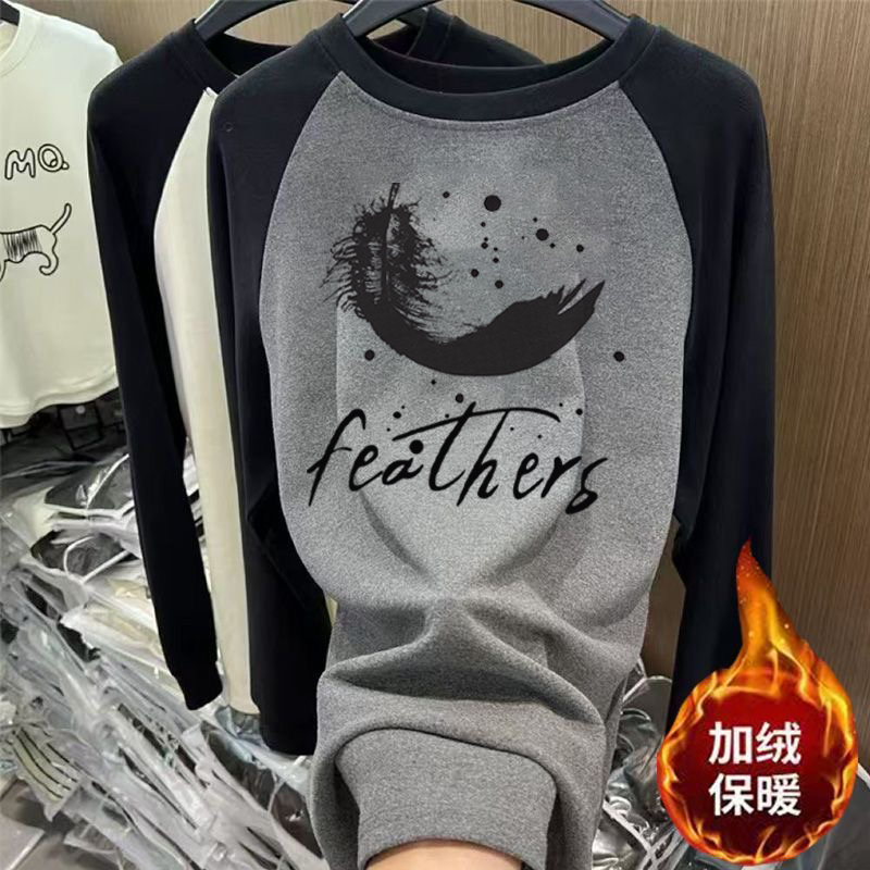 德绒磨毛插肩长袖t恤女中长款宽松大码过臀加绒打底衫上衣秋冬季