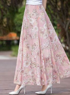 2024夏季新款女印花雪纺大码半身裙长裙高腰跳舞沙滩A字裙时尚裙