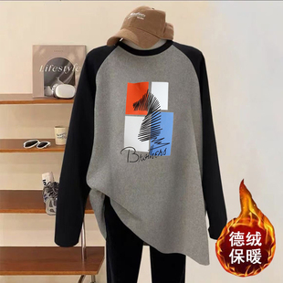 插肩长袖t恤女中长款宽松大码胖MM印花德绒磨毛打底衫上衣秋冬季