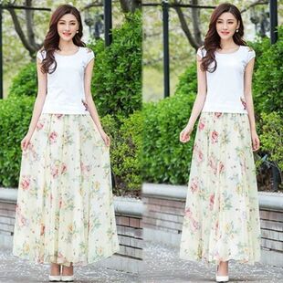 夏季2025碎花雪纺半身长裙时尚a字裙中长款女士高腰跳舞休闲长裙