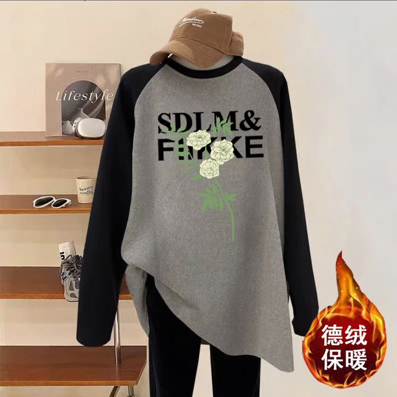 秋冬新款韩版宽松长袖T恤女百搭德绒上衣显瘦拼接大码休闲打底衫