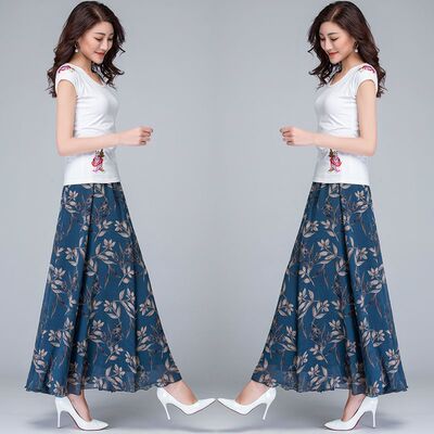 雪纺印花百搭碎花雪纺半身长裙时尚a字裙中长款女士高腰跳舞裙子