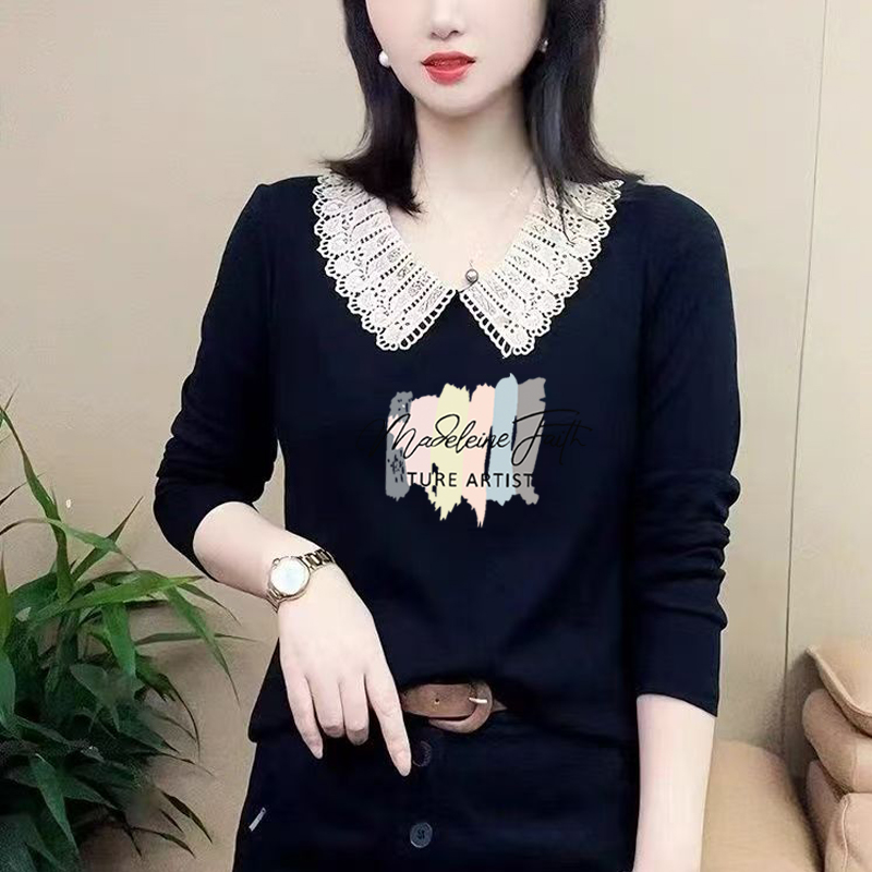 长袖T恤女韩版百搭宽松花边领气质设计感小众减龄拼接V领上衣