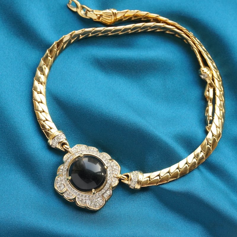 中古vintage Nina Ricci法式镀真金复古古董项链 黑金繁花风 女