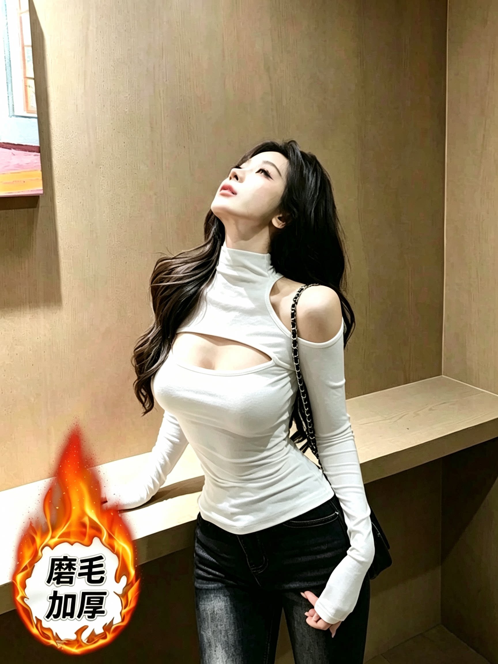 新款白色半高领长袖T恤女秋冬季加绒打底衫简约正肩上衣内搭