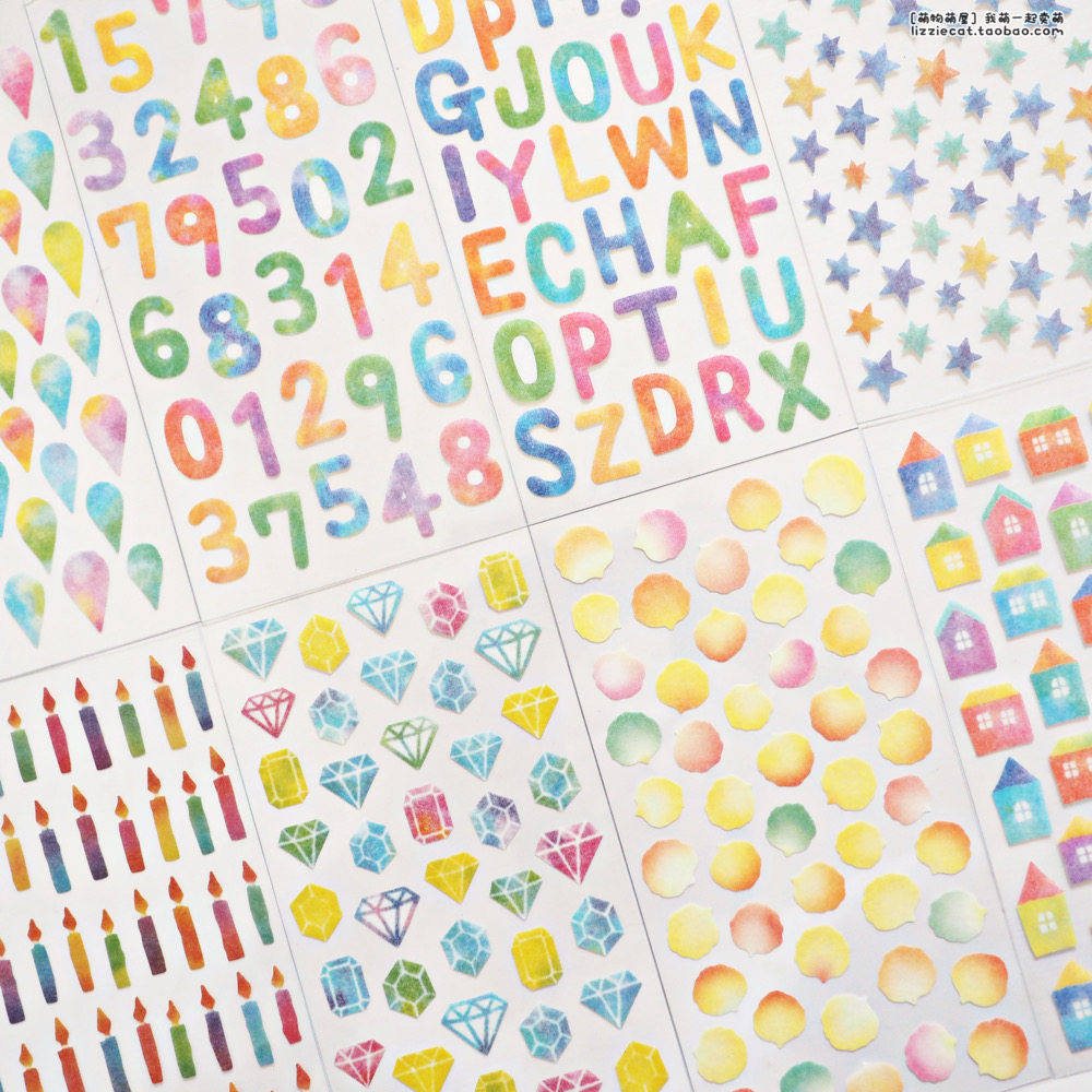 日本mw 半透明水彩字母数字水滴猫咪手帐笔记标记diy装饰贴纸画