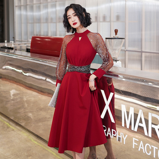春秋新款气质连衣裙红色敬酒服新娘结婚订婚回门宴会中长款晚礼服