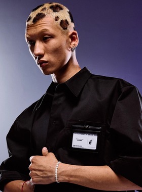 ROCKSTA “GHETTO SOLIDER”黑色立领贴布衬衫短袖外套