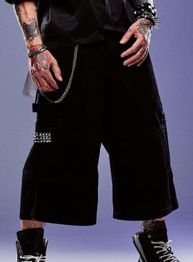 ROCKSTA “GHETTO SOLIDER”黑色廓形贴布牛仔七分裤短裤