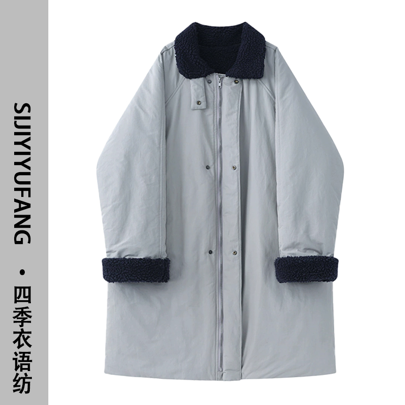 秋冬款毛绒领拼接长款棉服外套2025新款韩版宽松加厚保暖棉衣棉袄
