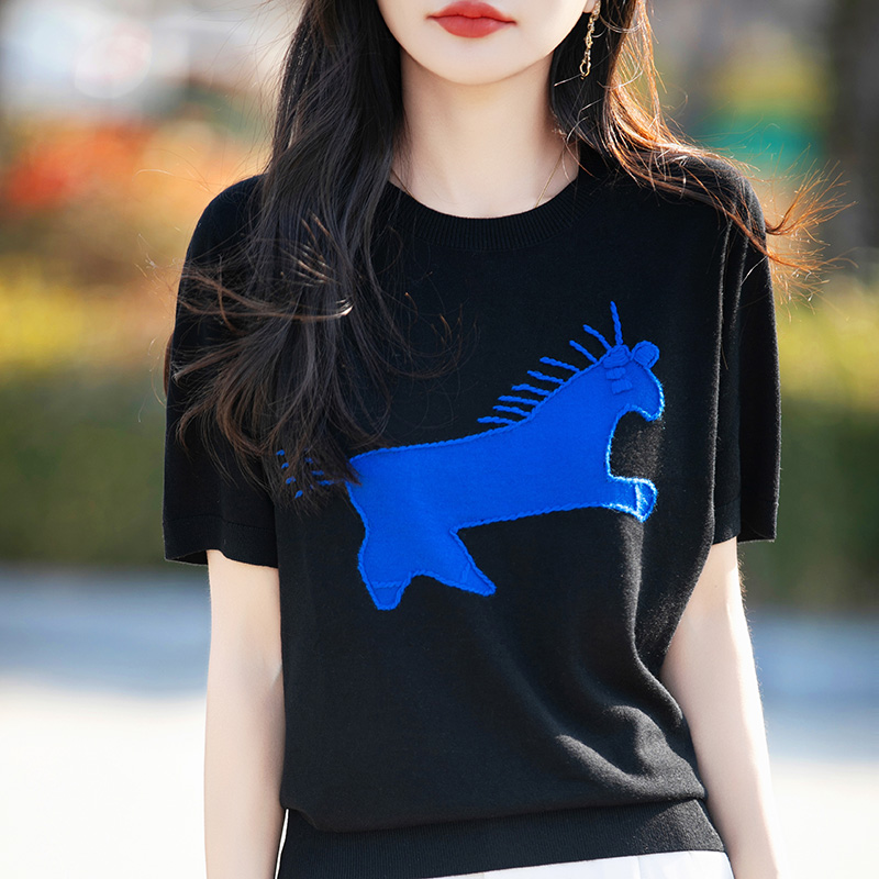 春夏短袖薄款超细精纺羊毛针织T恤圆领短款夏季防晒衫显瘦遮肉女