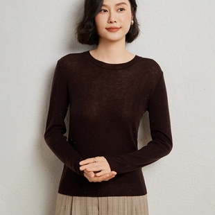 2025秋新款精纺羊毛衫女圆领珠片针织打底毛衣瘦身高级感长袖上衣