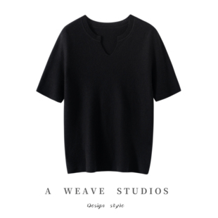 杨子纱半开V领针织短袖薄款无缝针织衫剪刀领打底衫女半袖T恤潮