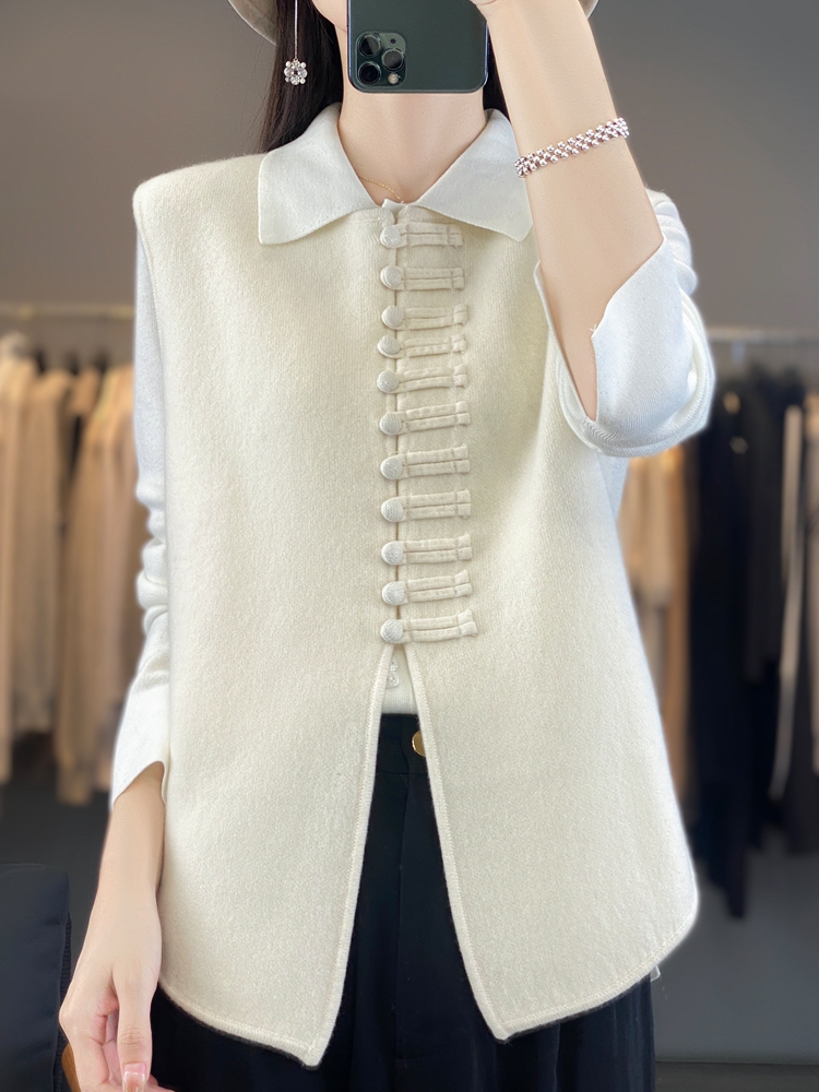 新中式国风圆领无袖羊绒开衫秋冬新款盘扣设计感羊毛针织衫马甲女