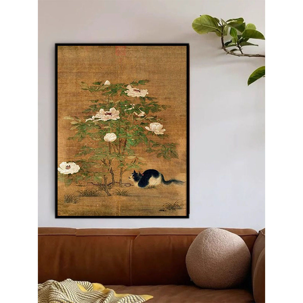 富贵花狸图中古法式猫咪客厅装饰画新中式茶室挂画复古书房墙壁画