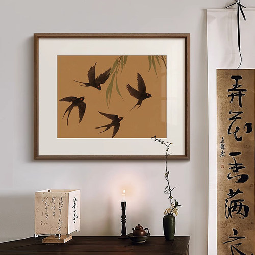 春燕戏柳法式中古风客厅装饰画