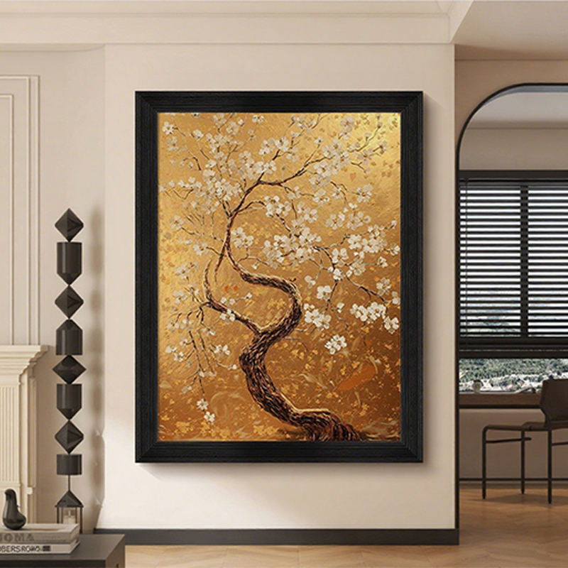 法式复古发财树客厅玄关装饰画新中式沙发背景挂画中古风卧室壁画图片