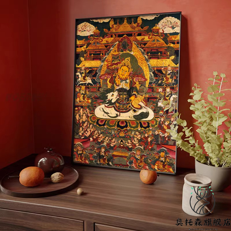 财宝天王唐卡挂画家用藏传藏式财神爷玄关壁画招财佛像客厅装饰画