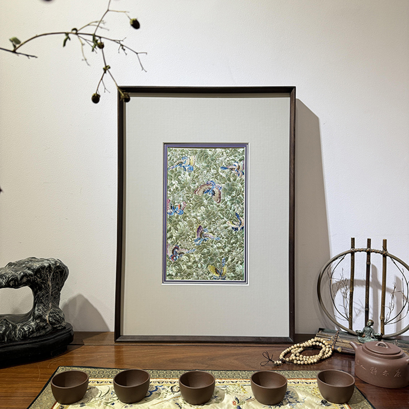 东方美学仿刺绣装饰画绣蝶轻舞新中式餐厅斗柜摆画高级感书房壁画图片