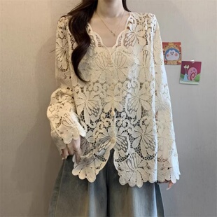 外套女2026大码 针织开衫 胖mm好看上衣0317z1 钩花V领长袖 春夏法式