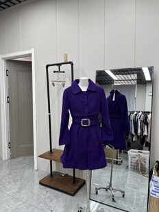 复古腰带设计呢料大衣紫色高级收腰减龄气质修身款