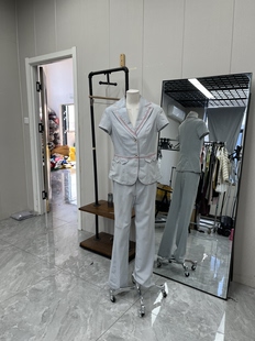 高级春夏款西服套装高腰直筒裤搭配灰粉色调韩版