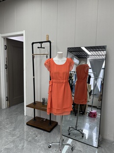 雪纺橘色系短袖 通勤 圆领连衣裙收腰百搭甜美夏季