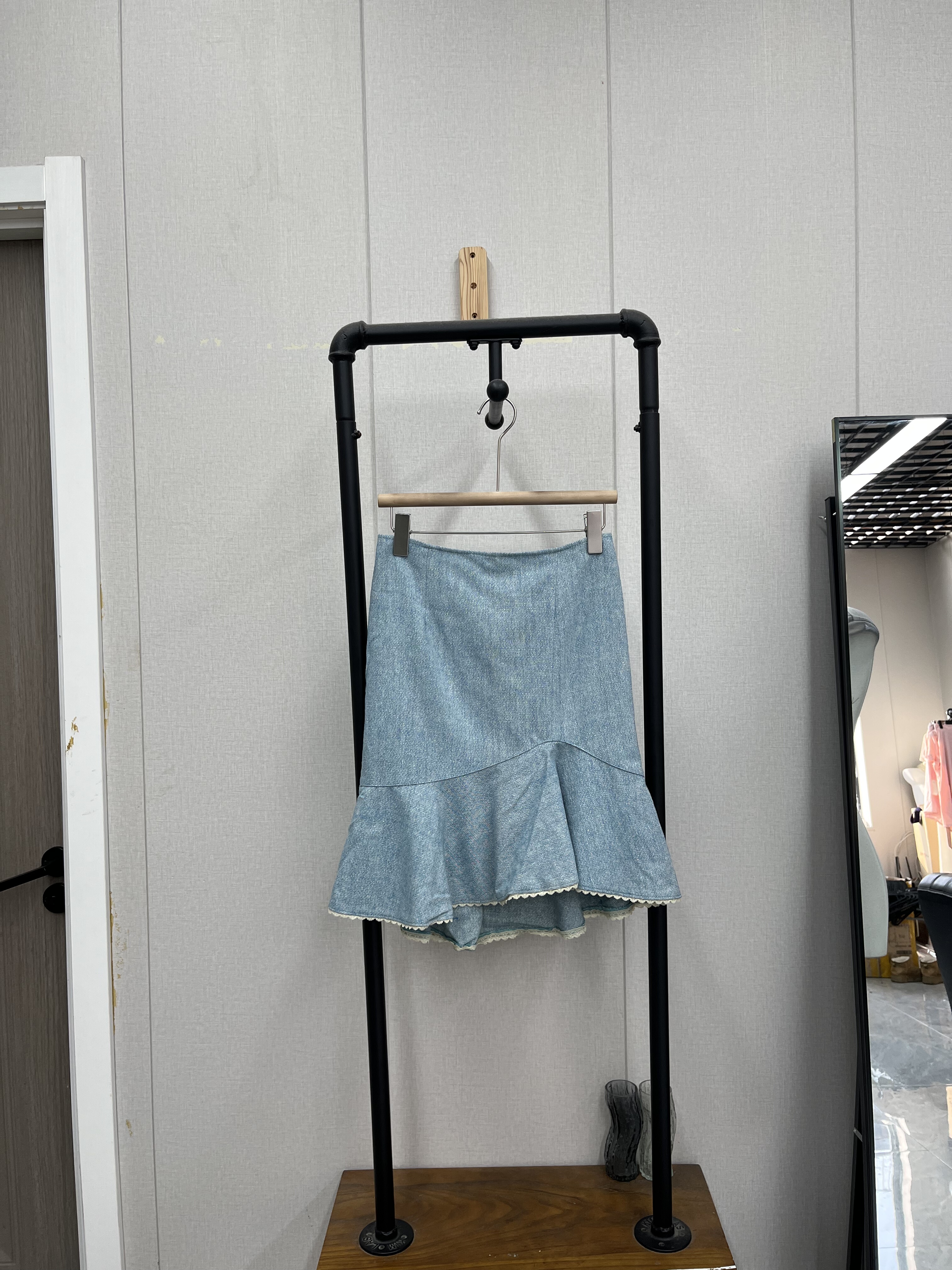 蓝色系蕾丝拼接裙摆鱼尾裙呢料半身裙秋冬款甜美气质