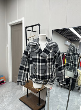 机车服格子款黑白格子设计棉服毛呢面料翻领减龄外套冬