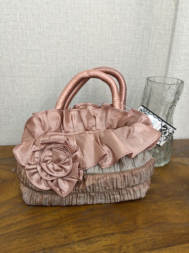 复古藕粉色手提包零钱包优雅气质立体花拉链款缎面高级