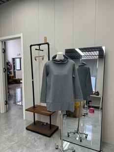 宽松女款条纹领拼接高领长袖卫衣T恤中长款深灰色春秋
