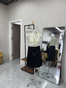 款 夏季 拼接连衣裙气质 领百搭短袖 棋盘格设计衬衫