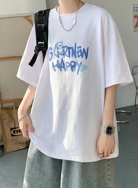 夏季港风短袖男t恤学生百搭韩版宽松五分袖ins风半袖情侣装冰丝