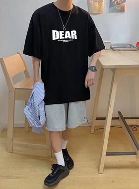 港风t恤男宽松衣服男生短袖年轻大码半袖五分袖潮流韩版上衣体恤