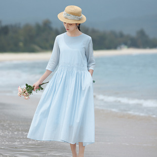 2025新款净色匹马棉连衣裙女纯棉轻薄度假浪漫蓝色长裙