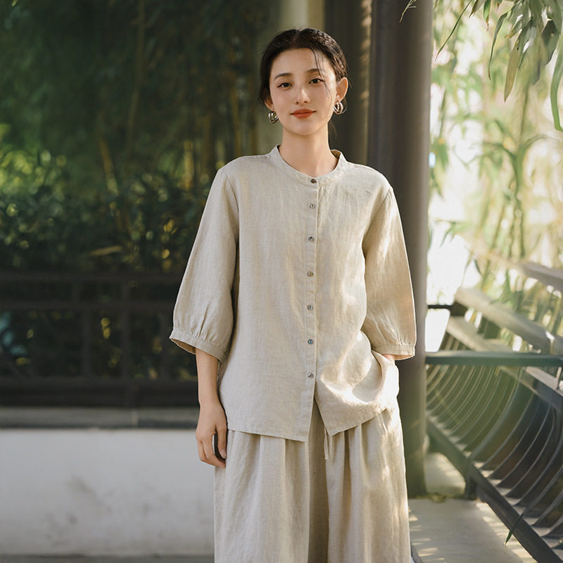 素雅高知风夏季亚麻新中式女衬衫
