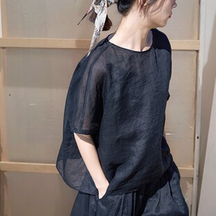 余墨黑细支苎麻轻薄细腻圆领T恤2026夏文艺复古百搭外搭衬衫 套装