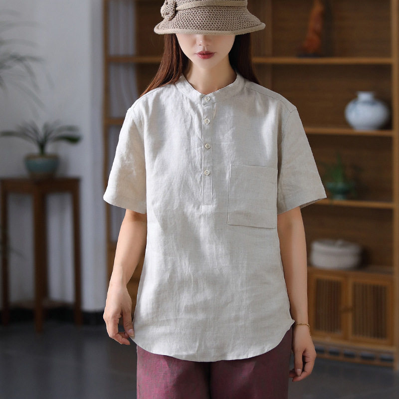 夏季棉麻短袖衬衫立领宽松亚麻