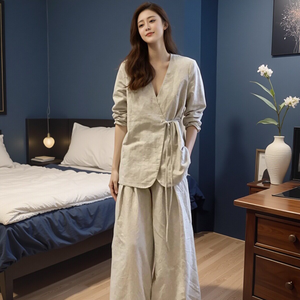 复古时尚套装春夏女2026新款纯亚麻西装外套显瘦阔腿亚麻裤套装