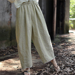 春秋色织汉亚麻青麦色休闲裤文艺复古松紧腰抽绳麻裤子宽松九分裤