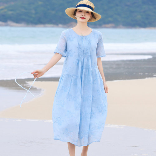 2026夏季新款宽松飘逸大摆长裙女 复古文艺圆领五分袖连衣裙海边