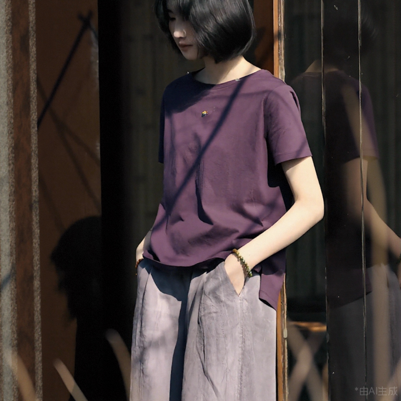 纯棉夏季短袖t恤女全棉百搭绣花柔软轻盈圆领春夏新款2026年