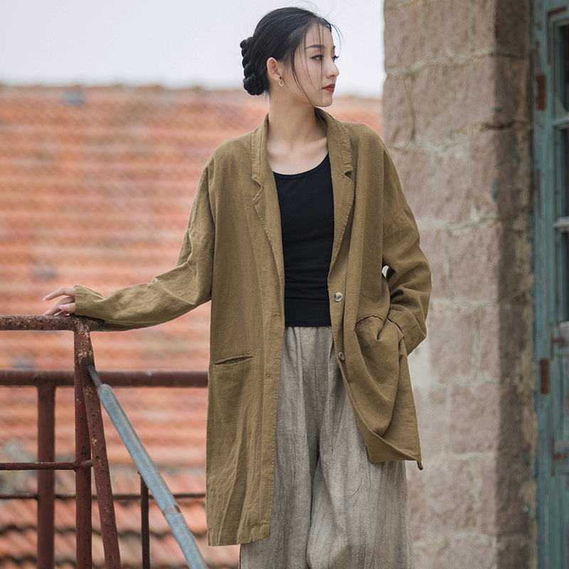 2023新款棉麻女装文艺休闲宽松大版西服领衬衫女苎麻做旧砂洗外套